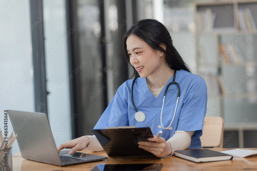 Medicine women doctor holding clipboard and digital laptop, Medical technology and futuristic, healthcare concept.