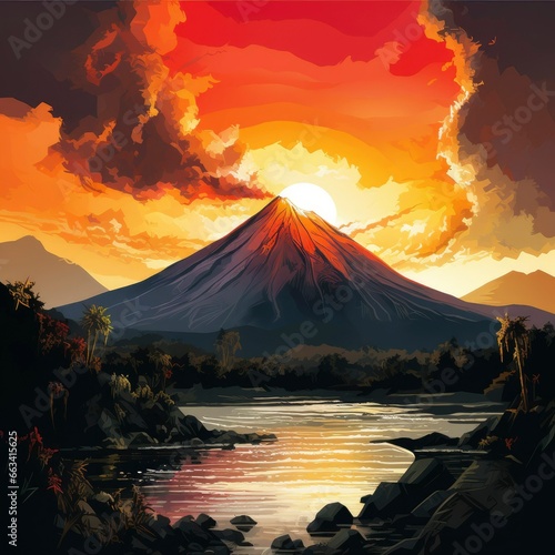 illustration of Volcanic eruption. Landscape with volcano.