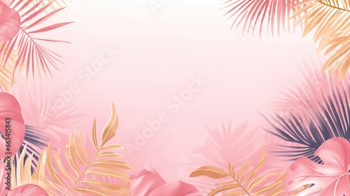  a pink and gold tropical background with palm leaves and flowers.  generative ai