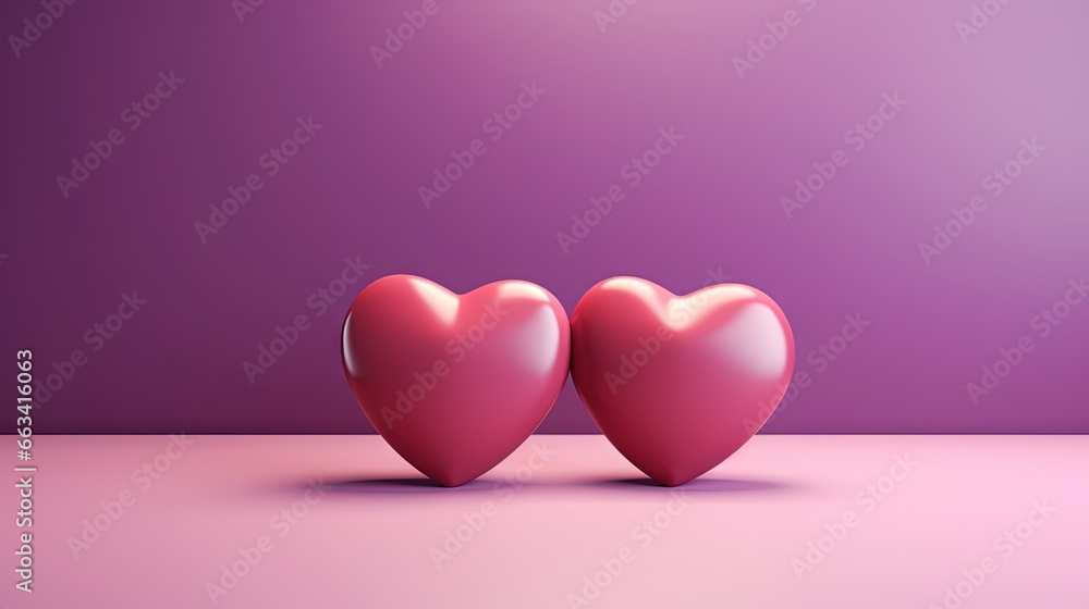  two red hearts sitting on top of a pink table next to each other.  generative ai