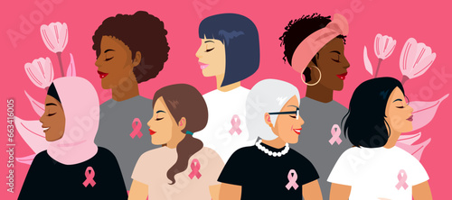 Illustration of breast cancer awareness month for disease prevention banner and diverse ethnic. Women group together with pink support ribbon symbol on chest cartoon vector