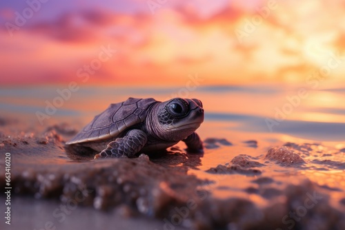  a small turtle sitting on top of a beach next to the ocean.  generative ai