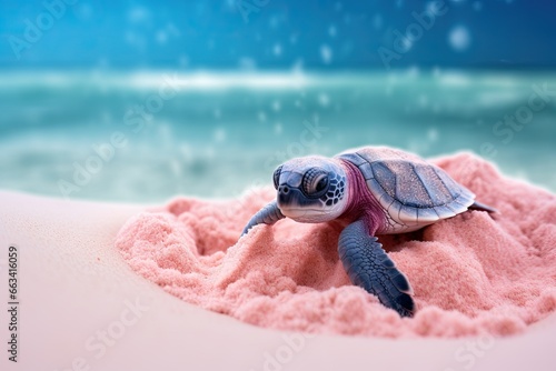 a small turtle is sitting on a pink blanket on the beach.  generative ai