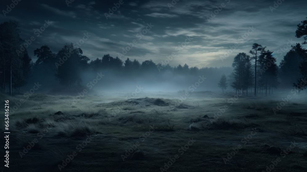 A blanket of fog stretches across a meadow, the moonlight shining through like a beacon in the darkness
