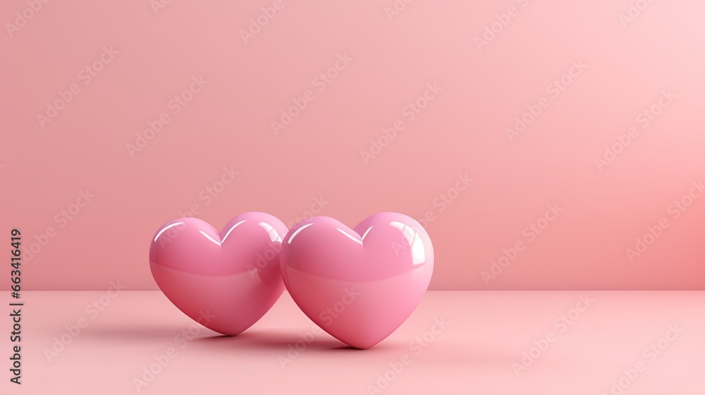  three pink hearts on a pink surface with a pink background.  generative ai
