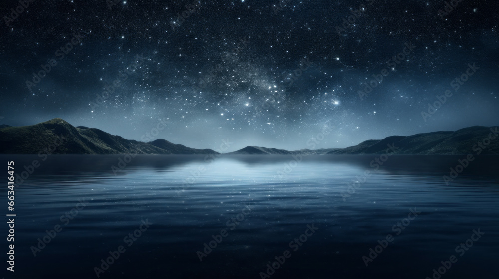 A blanket of stars stretch across the sky, the moonlight reflecting off of the water below