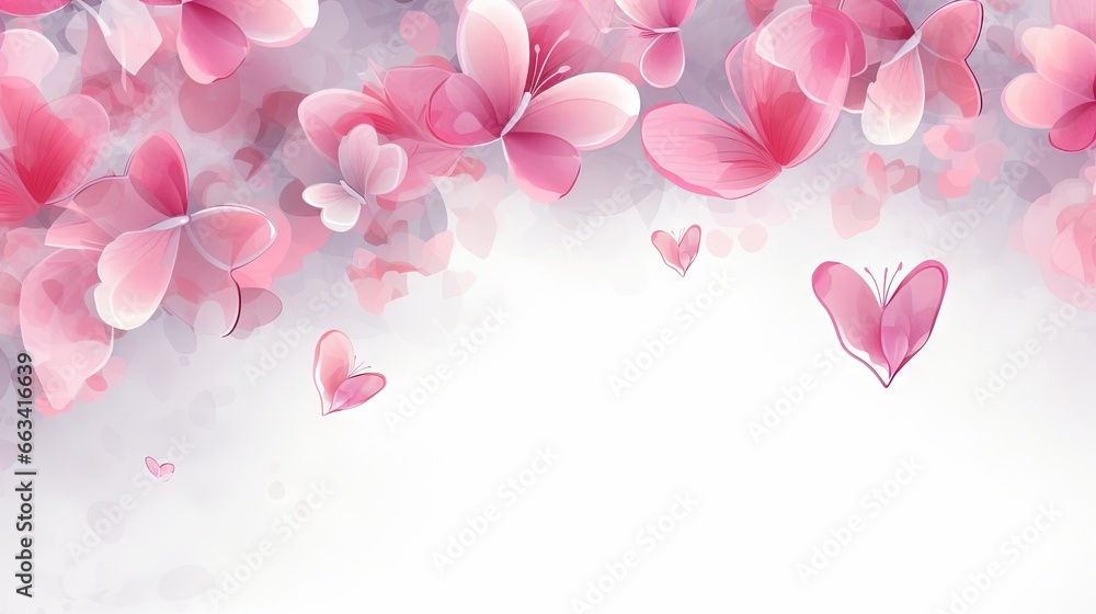  a white background with pink flowers and a heart shaped object in the middle of the image, with a place for the text on the left side of the image.  generative ai