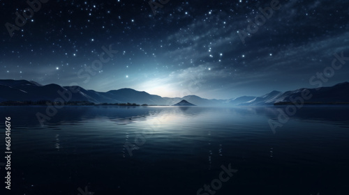 A blanket of stars stretch across the sky, the moonlight reflecting off of the water below