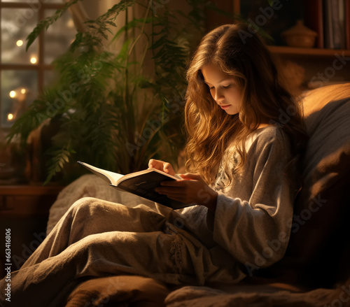 A young girl sits on the sofa and reads a book by the light of a lamp