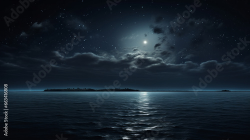 A blanket of stars stretch across the sky  the moonlight reflecting off of the water below