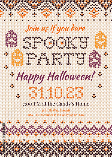 Schilderij op canvas Halloween Party Invitation Knitted Seamless Pattern With Pumpkins Scandinavian P
