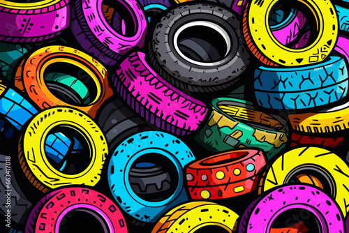 Heavy equipment tires quirky doodle pattern, wallpaper, background, cartoon, vector, whimsical Illustration
