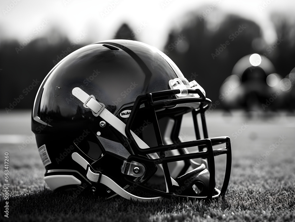 Fototapeta premium Football helmet set against the backdrop of the field. Generative AI