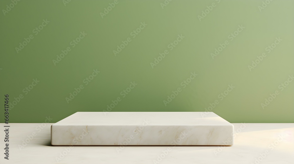 Square Stone Podium in front of a light green Studio Background. White Pedestal for Product Presentation