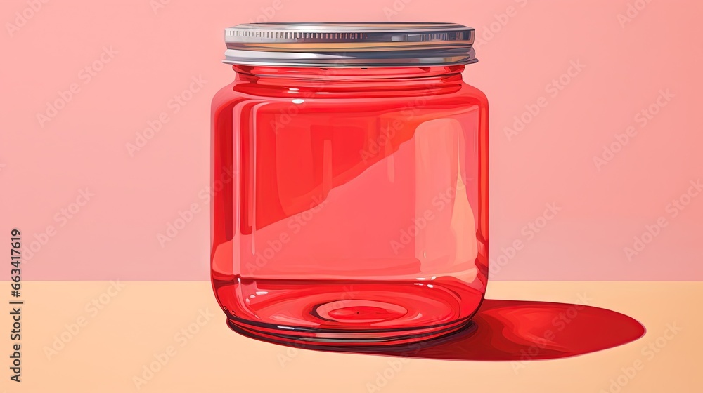 a red jar with a silver lid on a pink surface with a shadow of a person's foot on the ground below it and a pink background. generative ai a red jar with a silver lid on a pink surface with a shadow of a person's foot on the ground below it and a pink background. generative ai