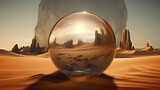 image of a crystal ball where inside there is a desert with high rocky mountains and a blue sky