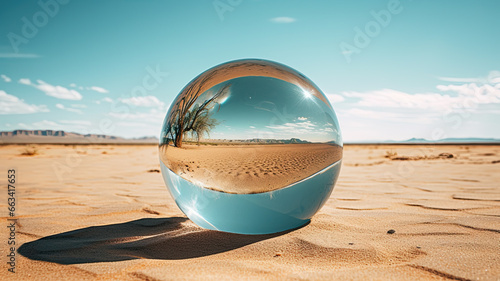 image of a crystal ball with a desert inside with a mountain in the background and a dry tree in the foreground