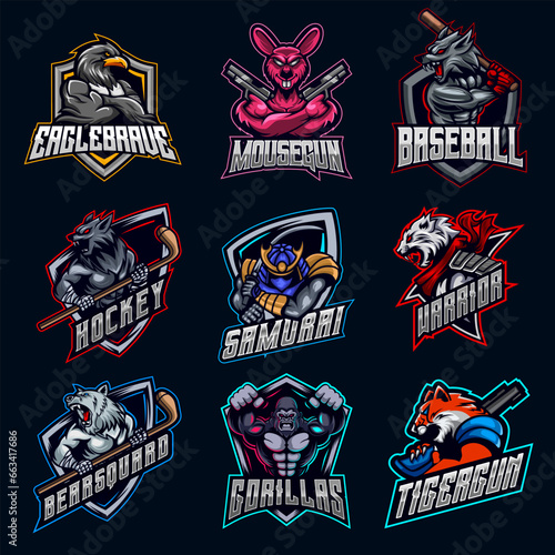 Animal Character E-sport Logo Design Bundle Set Eagle, mouse, wolf, ninja, tiger, bear, gorilla, samurai, ninja, symbol, icon collection vector illustration gaming team