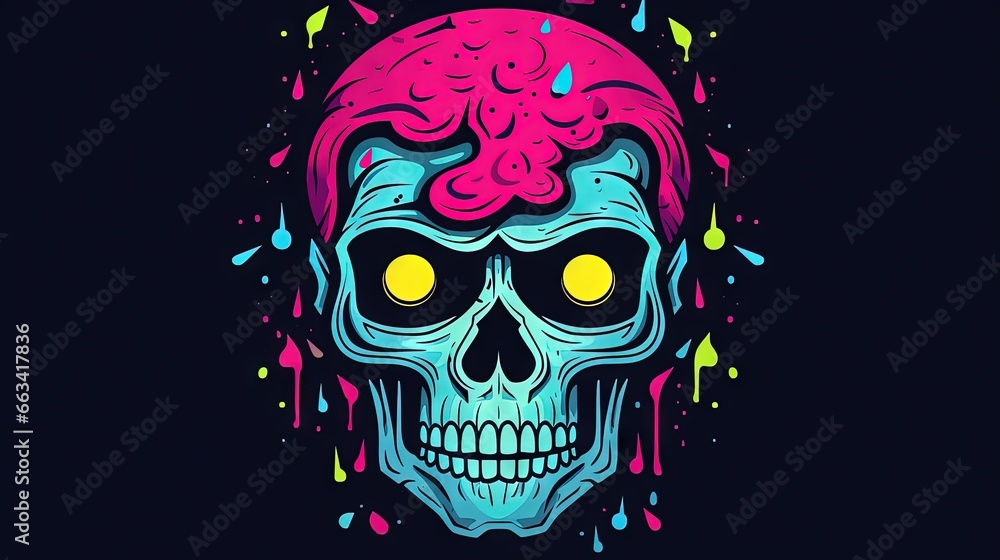 a colorful skull with a brain on it's head and a splattered brain in the middle of the image, with a black background. generative ai a colorful skull with a brain on it's head and a splattered brain in the middle of the image, with a black background. generative ai
