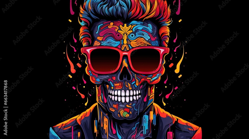 a man with a skull face and sunglasses on his head, with a black background and a splash of paint all over his face, and a black background. generative ai a man with a skull face and sunglasses on his head, with a black background and a splash of paint all over his face, and a black background. generative ai
