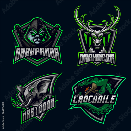 Animal Character Panda Deer Elephant Crocodile E-sport Logo Design Bundle Set symbol icon collection vector illustration gaming team