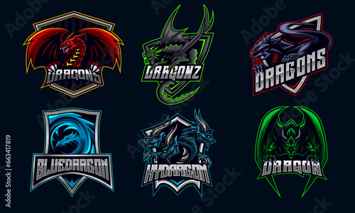 Dragon E-sport Logo Design Bundle Set , symbol, icon collection vector illustration gaming team