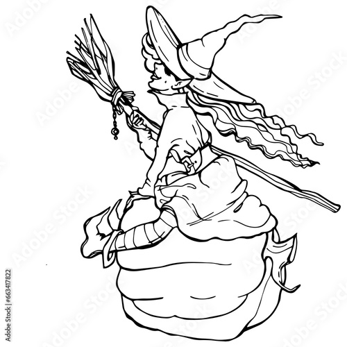The witch is sitting on a pumpkin with a broom in her hands. Graphic linear drawing for Halloween. Beautiful contented witch, face in profile. Outline, silhouette, outline, outline. Magic for Hallowee