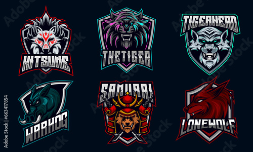 Animal Head Character E-sport Mascot Logo Design Bundle Set Eagle, mouse, wolf, ninja, tiger, bear, gorilla, samurai, ninja, symbol, icon collection vector illustration gaming team