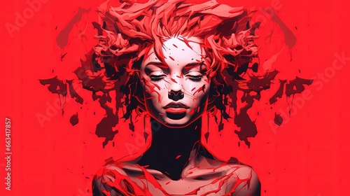  a painting of a woman with red hair and blood dripping all over her face and neck  with a red background and a red background.  generative ai