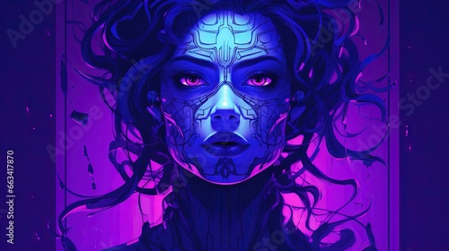  a portrait of a woman with blue skin and a purple background is featured in a digital painting style, with intricate details on her face. generative ai