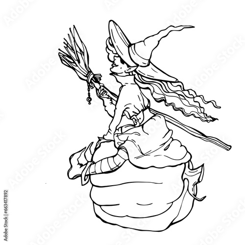 The witch is sitting on a pumpkin with a broom in her hands. Graphic linear drawing for Halloween. Beautiful contented witch, face in profile. Outline, silhouette, outline, outline. Magic for Hallowee
