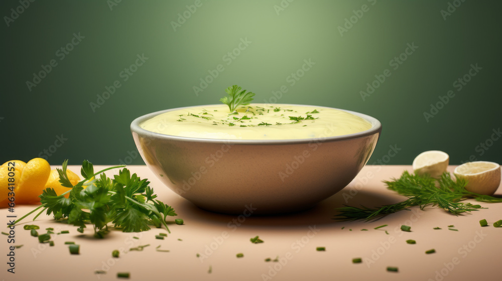 A bowl of creamy, yellow soup, fragrant with the aroma of herbs, topped with a sprinkle of freshly chopped parsley A bowl of creamy, yellow soup, fragrant with the aroma of herbs, topped with a sprinkle of freshly chopped parsley