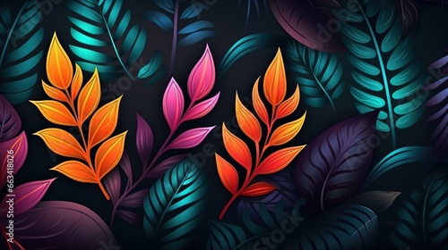  colorful leaves on a dark background with a black background and a blue background with a red and green leaf on the left side of the image. generative ai