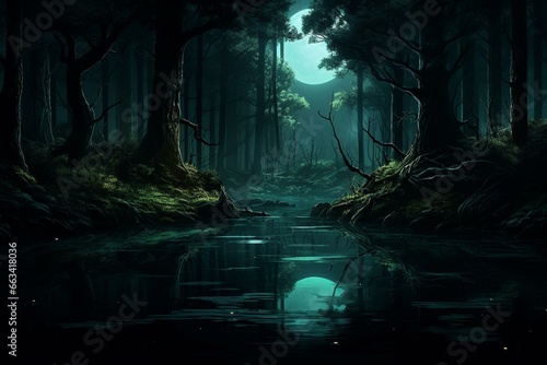 Dark woods scene with luminous lake at night. Generative AI