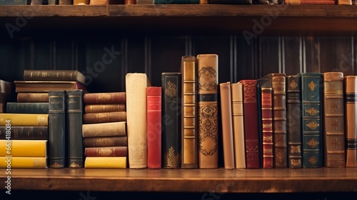 Stack of Colorful Well-Loved Books on a Wooden Shelf