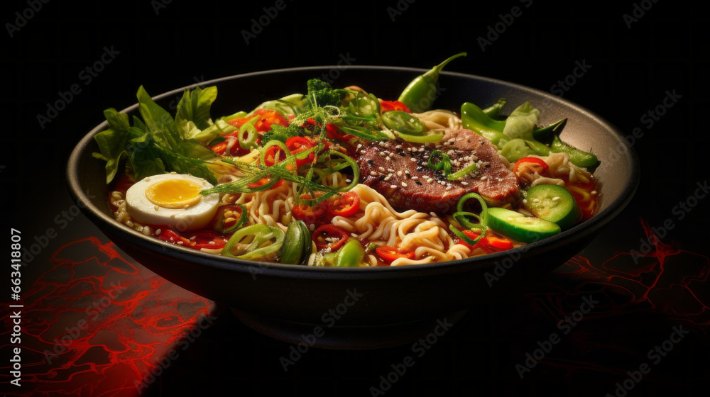 A bowl of freshly-made ramen, with a variety of vegetables and herbs, and a sprinkle of freshly chopped scallions