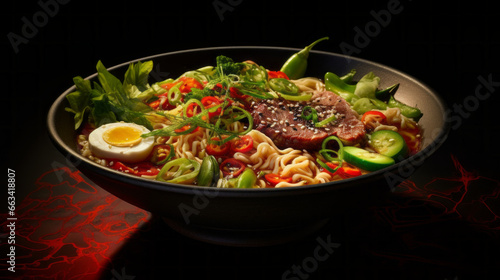 A bowl of freshly-made ramen  with a variety of vegetables and herbs  and a sprinkle of freshly chopped scallions