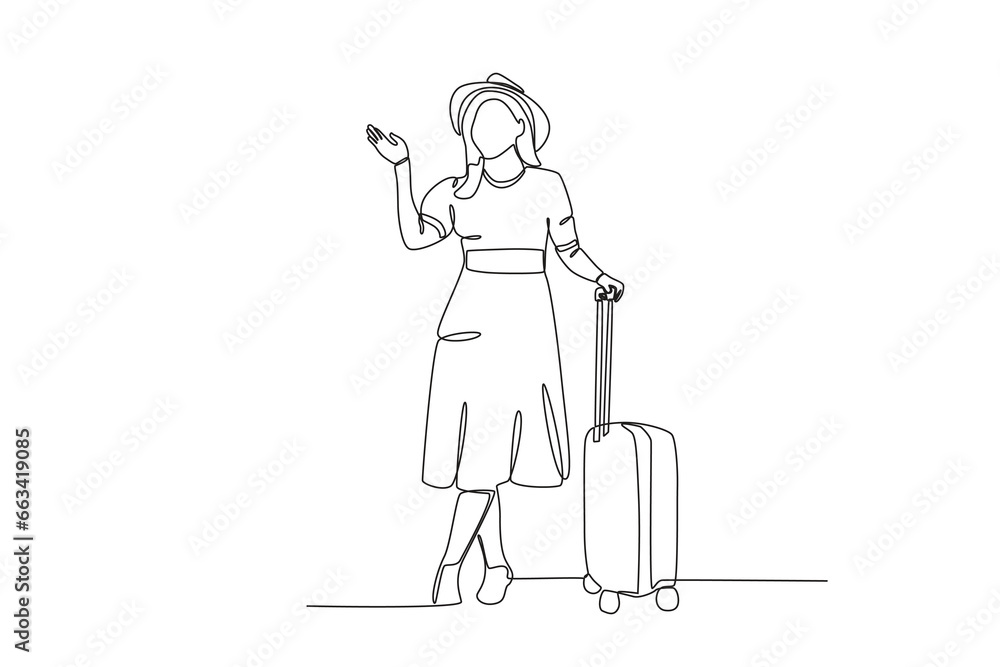 A staycation woman carrying a suitcase. Staycation one-line drawing