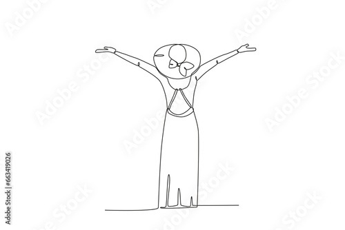 A woman enjoying summer vacation. Staycation one-line drawing