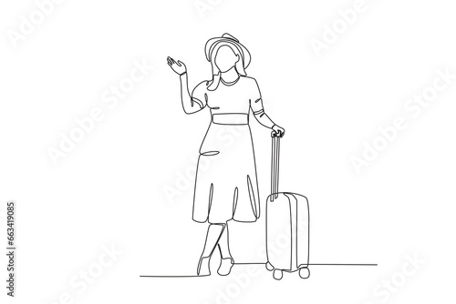 A staycation woman carrying a suitcase. Staycation one-line drawing