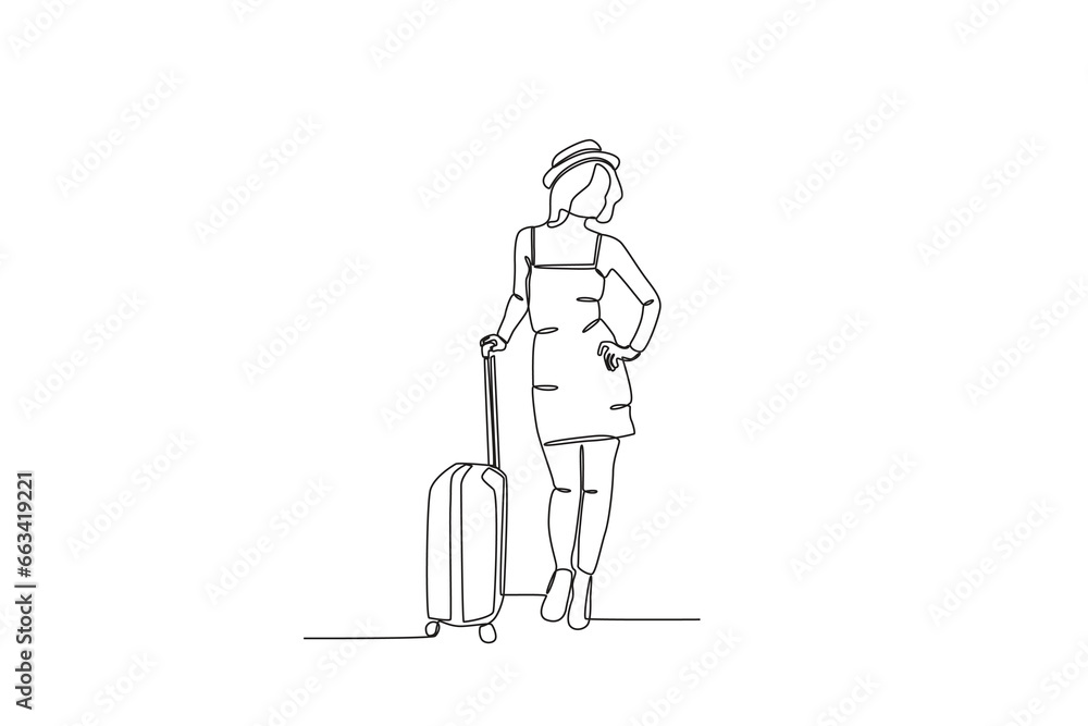 A beautiful staycation lady carrying a suitcase. Staycation one-line drawing