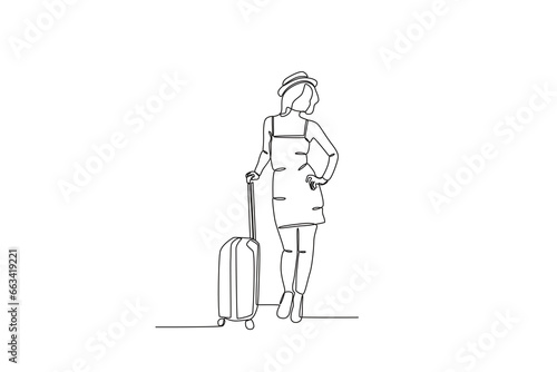 A beautiful staycation lady carrying a suitcase. Staycation one-line drawing