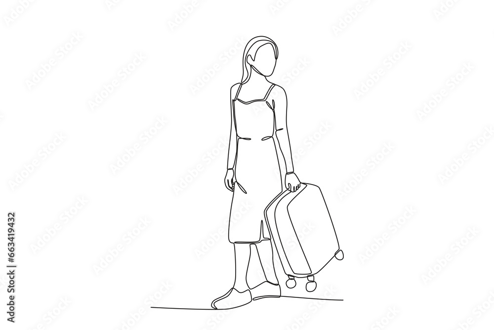 A woman carries a suitcase while on vacation. Staycation one-line drawing