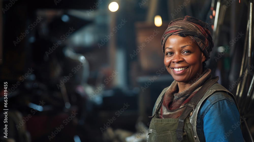 Young African American woman working in a workshop company. copy space