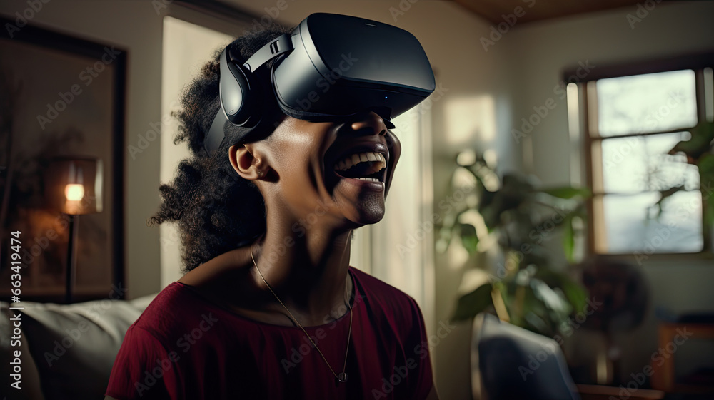 Young African-American woman, playing with virtual reality goggles. copy space Young African-American woman, playing with virtual reality goggles. copy space