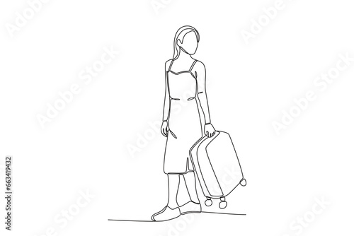 A woman carries a suitcase while on vacation. Staycation one-line drawing
