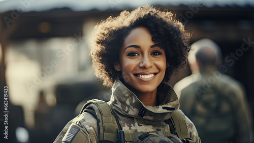 Young African-American woman in the military, on a base. copy space photo