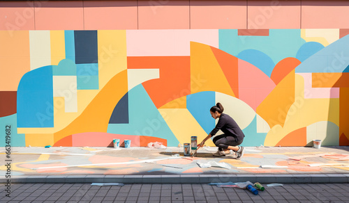 a woman is painting a colorful geometrical mural