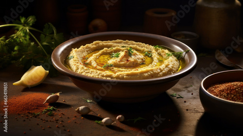 A bowl of freshly-made hummus, topped with a sprinkle of olive oil and a dollop of freshly-chopped parsley 