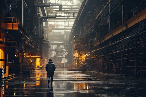 an industrial worker walks in the halls of a steel plant Generative AI